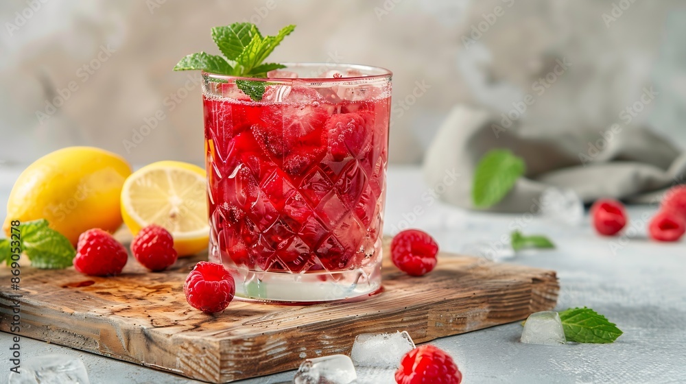 Poster raspberry cocktail with ice in a glass on a wooden cutting board a refreshing berry drink with mint 