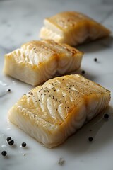 Three pieces of codfish on a marble slab