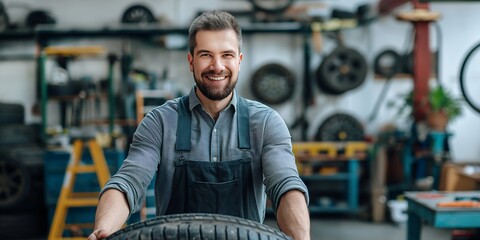 A cheerful mechanic stands in an auto workshop, holding a tire with a smile, suggesting he is at ease with his craft and enjoys his profession in car maintenance.