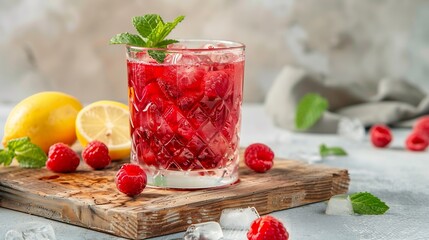 Raspberry cocktail with ice in a glass on a wooden cutting board A refreshing berry drink with mint and lemon on a light background : Generative AI - Powered by Adobe