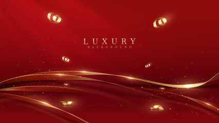 Elegant red backdrop decorated with golden ribbons and sparkling light effects. The backgrounds are ideal for celebrating holidays, birthdays, and special occasions. or award ceremony.