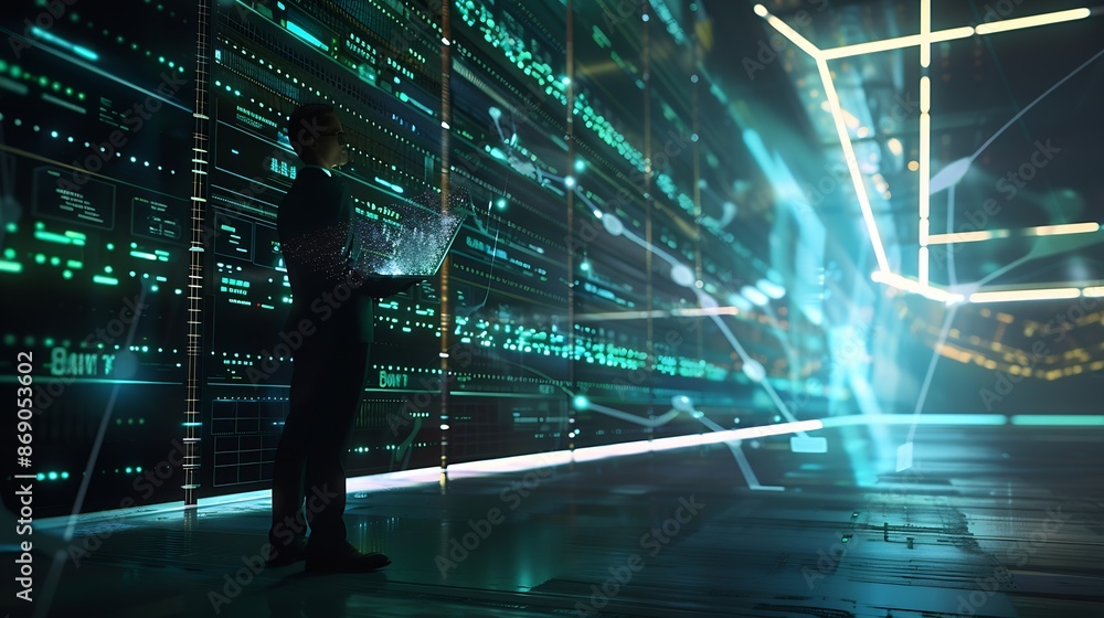 Poster Futuristic Concept Data Center Chief Technology Officer Holding Laptop Standing In Warehouse Information Digitalization Lines Streaming Through Servers SAAS Cloud Computing Web Service : Generative AI