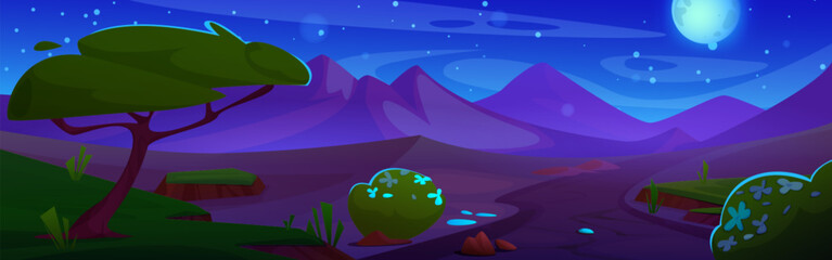 Obraz premium Night desert landscape with sandy dunes. Vector cartoon illustration of mysterious scenery with empty road running through dark land with green grass, trees, flowers, full moon glowing in starry sky