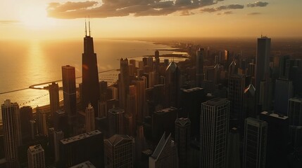 Chicago building city view from observation deck high level with sunset sky cityscape of Michihan USA United states of america : Generative AI