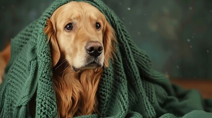 Cute golden retriever dog covered with a green blanket on winter or autumn season sickm illness or afraid of fireworks concept : Generative AI