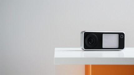 Fototapeta premium Portable radio with minimalist design on light surface. Highlights mobility and information access, ideal for World Radio Day awareness.
