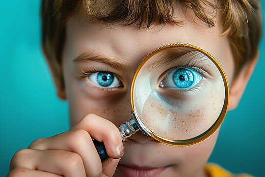 concept for offer search - child holds magnifying glass in front of his face
 - Powered by Adobe