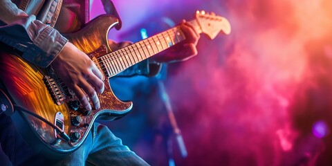 Naklejka premium A musician passionately plays electric guitar on stage, enveloped in vibrant, multi-colored lights and atmospheric fog, showcasing the energy of live performance.