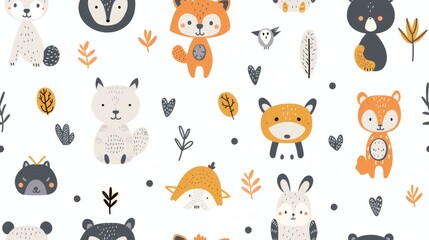 Seamless repeating pattern featuring stylized woodland creatures and plant motifs in a soft color palette