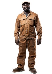 Studio portrait of a smiling African male worker wearing brown workwear