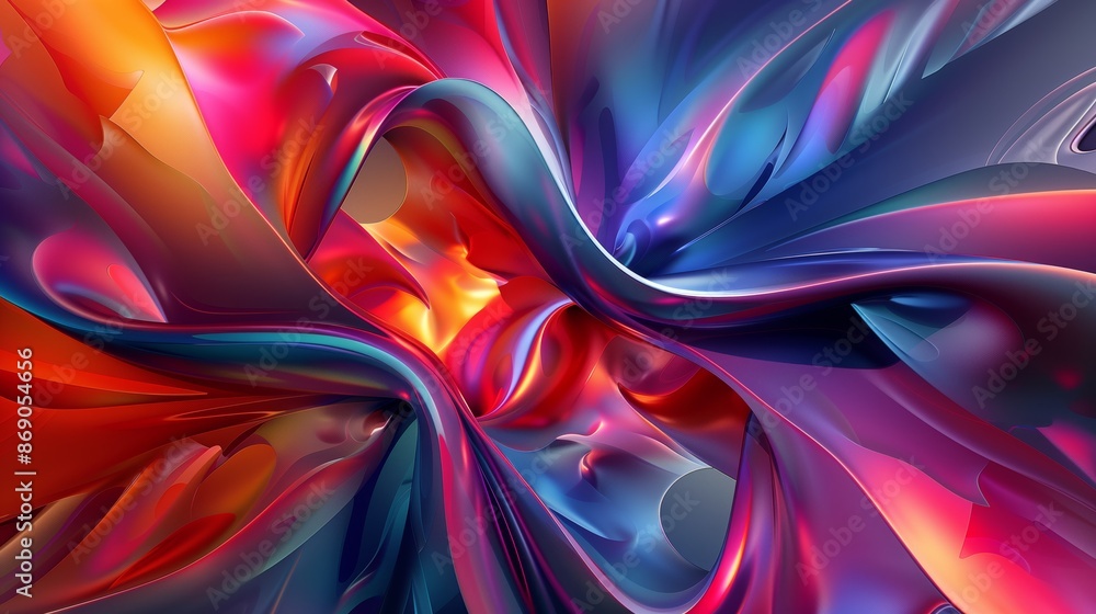 Poster a vivid 3d background with dynamic, swirling shapes and vibrant colors, creating a captivating exper