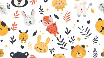 An adorable collection of whimsical animals and nature elements in a playful and colorful pattern, perfect for children's clothing, decor, and accessories
