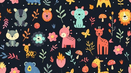 A fun and vibrant pattern showcasing cartoon jungle animals like giraffes, tigers, and rhinos among tropical flora Perfect for children's materials