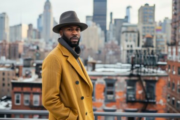 Portrait of stylish man in front of urban skyline