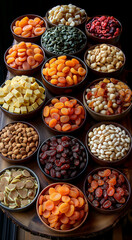 Overhead View of a Large Table with Assorted Dried Fruits in Bowls and Plates