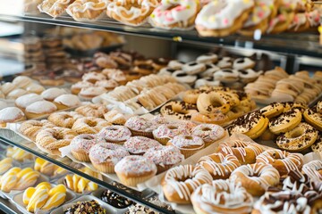 Professional Photography of a pastry shop counter. Highlighting the selection of baked goods, Generative AI