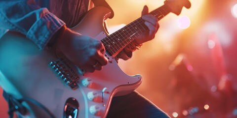A performer energetically plays an electric guitar on a stage bathed in vibrant lighting, providing an electrifying atmosphere and keeping the audience fully engaged and entertained.