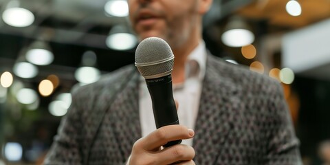 A man dressed in a patterned suit holds a microphone, appearing to be ready to speak or present at an event, against a softly focused and brightly lit interior backdrop.