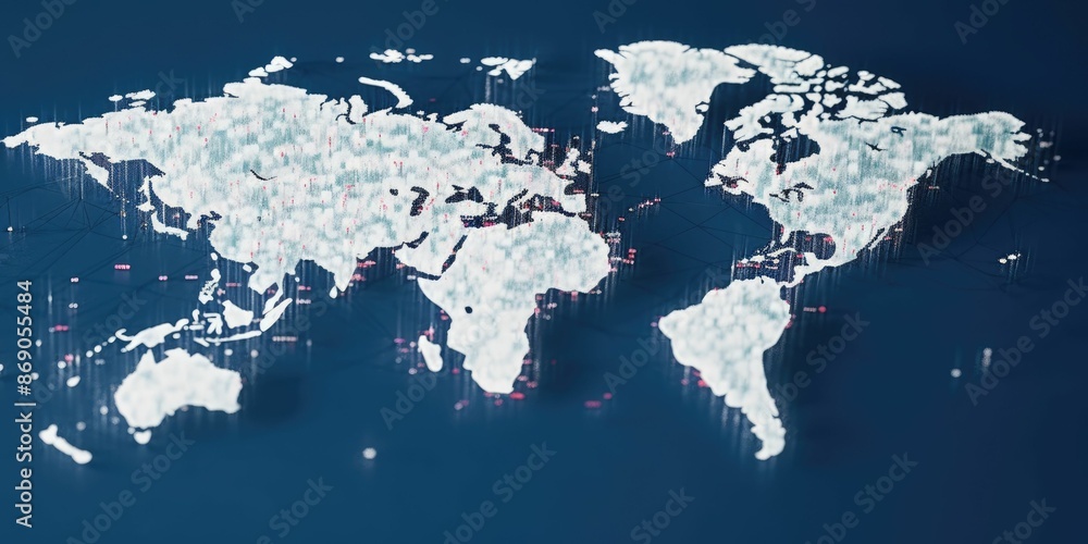 Poster digital world map with glowing cyber data points on dark blue background. global connectivity and in
