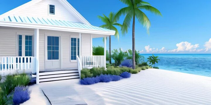 3d rendering of beach house with white walls and blue roof on the sand in front view. sunny day, palm trees around. sky background.