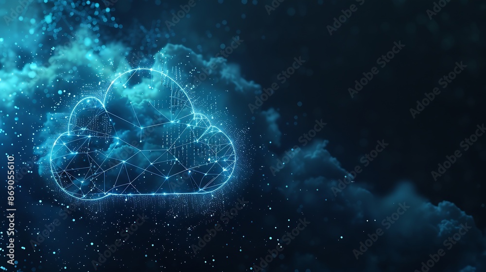 Fototapete Cloud and edge computing technology concept cybersecurity data protection White cloud with binary code connected polygons on dark blue background Connect business networks in the digit : Generative AI