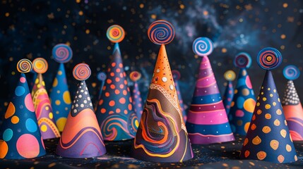 Colorful Party Hats with Cosmic Patterns and Swirls Against a Starry Night Background, Perfect for Celebrations, Birthdays, and Festive Occasions