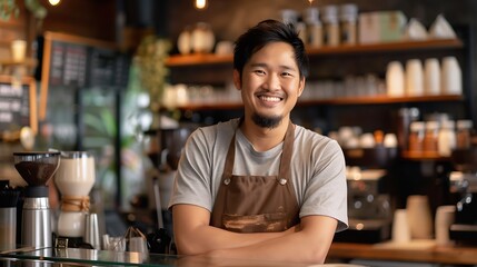 Fototapeta premium Portrait Barista small business Owner Asian barista man coffee shop owner smiling look at camera small business confident person Entrepreneur manager professional men standing coffee c : Generative AI