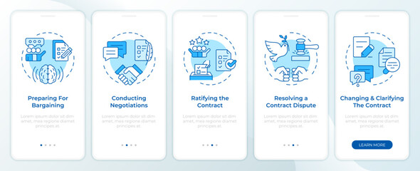 Collective bargaining workflow blue onboarding mobile app screen. Walkthrough 5 steps editable graphic instructions with linear concepts. UI, UX, GUI template. Montserrat SemiBold, Regular fonts used