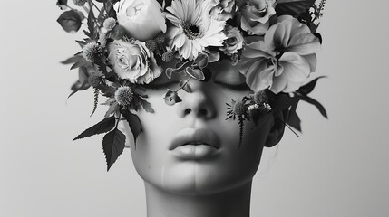 Abstract contemporary art collage black and white portrait of young woman with flowers on face hides her eyes : Generative AI