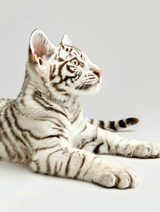 A white tiger cub is laying down on a gray background.