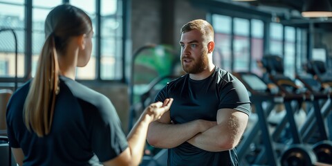 A fitness trainer conversing with a client in a contemporary gym setting featuring exercise equipment, large windows, and a motivational ambiance, focusing on personalized training advice.
