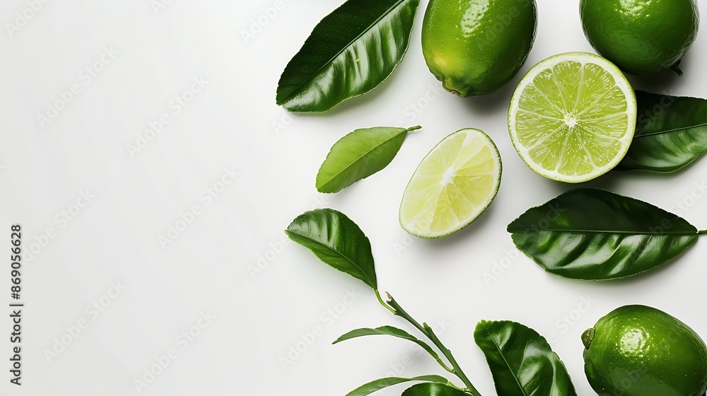 Poster fresh limes with green leaves on branch and cut in half sliced isolated on white background : genera