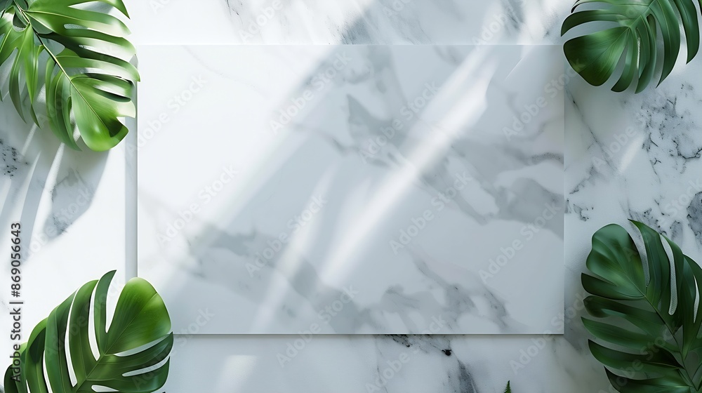 Poster Empty marble board with green leaves on a light background with shadow Layout concept for presentation of promotional products sale or demonstration of cosmetics Front view and copy sp : Generative AI