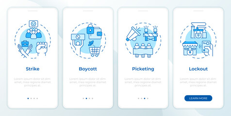 Workers union strike tactics blue onboarding mobile app screen. Walkthrough 4 steps editable graphic instructions with linear concepts. UI, UX, GUI template. Montserrat SemiBold, Regular fonts used