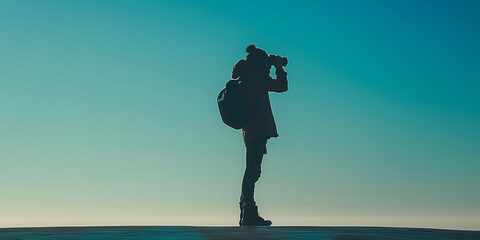 A silhouette of a person using binoculars during sunrise, capturing the serene beauty of the early morning with a clear sky backdrop, exemplifying exploration and adventure.