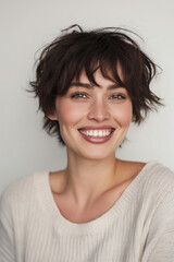 Head & shoulder fashion portrait of a Smiling Woman with a feathered fringed haircut  on a Grey Background
