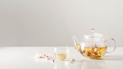 Fototapeta premium Modern glass teapot with blooming herbal tea on pristine white surface. Highlights tea brewing art and freshness, ideal for International Tea Day or health campaigns.