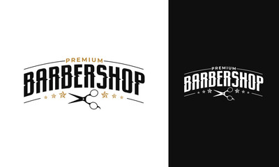 Premium barbershop logo design. Barber symbol with Lettering and scissor concept