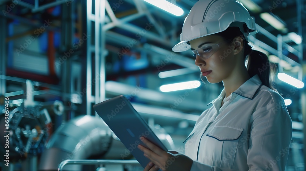 Aufkleber a woman engineer is wearing a protective helmet on her head using tablet Analytics engineering data : Generative AI