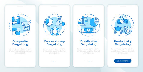 Bargaining tactics examples blue onboarding mobile app screen. Walkthrough 4 steps editable graphic instructions with linear concepts. UI, UX, GUI template. Montserrat SemiBold, Regular fonts used