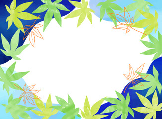 もみじの葉っぱのフレームイラスト_ブルー