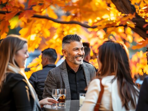 Autumn networking event with professionals mingling under a canopy of fall leaves, Autumn Business, Building connections in a vibrant outdoor setting