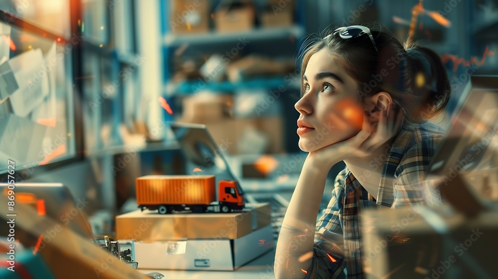 Aufkleber woman face and thinking future and ideas for shipping company with small business owner and dream pr