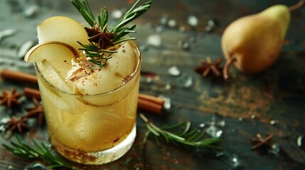 Alcohol fruity drink Sweet cold pear cocktail with rum liquor anise and rosemary sprig garnished with pear sliced : Generative AI