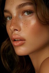 Fototapeta premium Close-up portrait of a young woman with freckles