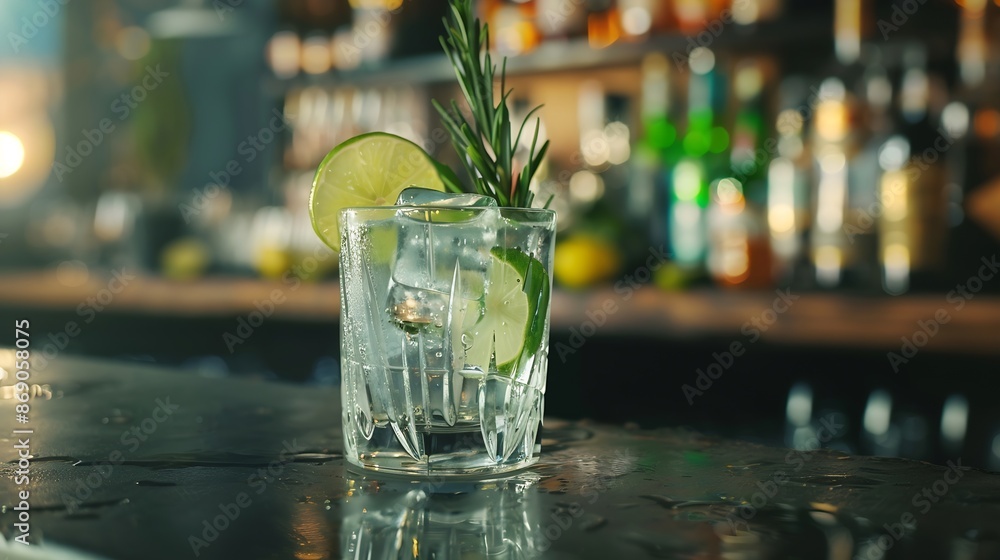 Poster gin tonic and rosemary cocktail drink with lime juice sugar syrup soda and ice black bar counter bac