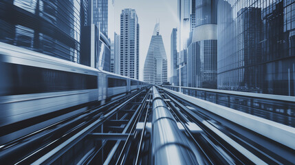 Fototapeta premium Modern high-speed train on urban track, amidst futuristic architecture. Shows rail efficiency, suitable for transport campaigns or high-speed rail promotions.