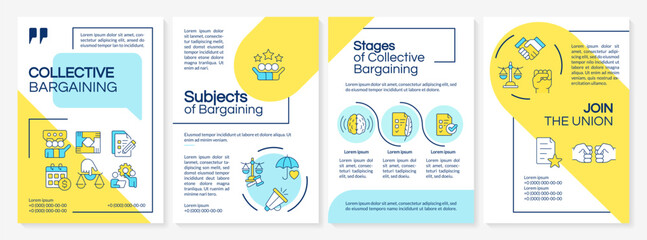 Workers union bargaining blue and yellow brochure template. Leaflet design with linear icons. Editable 4 vector layouts for presentation, annual reports. Questrial, Lato-Regular fonts used
