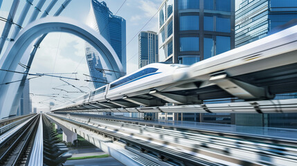Naklejka premium High-speed train on modern elevated track in urban setting, futuristic architecture backdrop. Shows rail efficiency, ideal for transport campaigns or high-speed rail promotion.