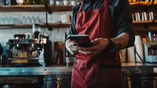 Barista phone call and tablet for restaurant communication online management or customer service in cafe Small business owner waiter or man on mobile and digital inventory for coffee s : Generative AI
